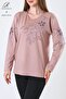 Women's Powder Floral Patterned Stone Embroidered Slit Lycra Viscose Mother Combed Cotton Blouse - 4