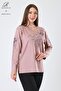 Women's Powder Floral Patterned Stone Embroidered Slit Lycra Viscose Mother Combed Cotton Blouse
