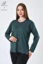 Women's Emerald Leaf Patterned Skirt and Stone Embroidered Collar Lycra Viscose Mother's Combed Cotton Blouse