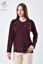Women's Burgundy Leaf Patterned Skirt and Stone Embroidered Collar Lycra Viscose Mother Combed Cotton Blouse