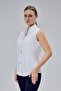 White Cotton Satin Lycra Zero Sleeve Stripe and Button Detail Slim Fit Women's Shirt