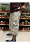 Unisex Beige Gabardine Fabric Cargo Pocket Waist Capri Below Knee with Elastic Legs