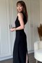 Black Draped Slit Midi Dress - 7