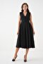 Women's V Neck Button Design Sleeveless Black Midi Evening Dress 2182