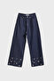 Women's Indigo Color 7w5-50 Super Baggy Fit Special Viscose Fabric Bird's Eye Detailed Denim Jean - 2
