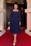 Chiffon Crepe Fabric Square Neck Midi Dress - NAVY