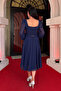 Chiffon Crepe Fabric Square Neck Midi Dress - NAVY - 5