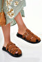 Women's Tan Imported Buckle Detailed Slippers - 4