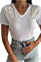 Women's White V-Neck Shoulder Angel Wing Feather Sequin Sequin Embroidered 100% Cotton T-Shirt