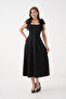 Black Crepe Fabric Square Collar Bow Strap Design Flared Midi Evening Dress 77127 - 6
