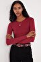 Women's Slim Fit Slim Fit Long Sleeve Crew Neck Back Detailed Burgundy Viscose Blouse - 4