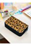 Pencil Case Leopard Pattern Three Compartment Vegan Leather (Pencil Case)