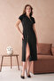 Black Stretchy Diver Fabric Zipper Design Short Sleeve Black Midi Dress 2175 - 8
