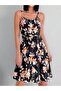 Black Orange Floral Print Square Neck Above Knee Strap Dress