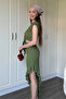 Ruffle Detailed Khaki Seersucker Fabric Skirt Suit - 7