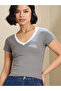 Women Grey Contrast Deep V Neck Fitted Crop T-Shirt