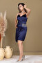 Satin Beaded Detailed Long Dress - Dark Blue - 4
