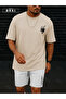 Orki Tigerblade – Tiger & Sword Printed Oversize Men's Beige T-Shirt and White Shorts Set - 2