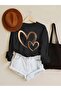 Women's Design Heart Printed Crew Neck Black Sweatshirt Oversize Casual - 2