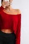 Red Women's Off Shoulder Boat Neck Oversize Long Sleeve Crop T-Shirt - 3