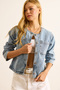 Women's Blue Pocket Crew Neck Denim Jacket Ckt-19000452 - 5