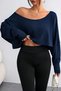 Navy Blue Women's Off Shoulder Boat Neck Oversize Long Sleeve Crop T-Shirt - 3
