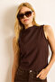 Women's Brown Salsa Stand Collar Textured Crop Blouse Blz-19003078 - 3