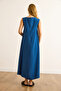 Women's Blue Pocket Stitching Detailed Maxi Crinkle Dress Elb-19002525 - 6