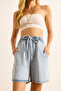 Women's Blue Elastic Waist Pocketed Draped Denim Shorts Shrt-19000075 - 6