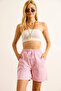 Women's Pink Elastic Waist Pocketed Flowy Denim Shorts Shrt-19000075
