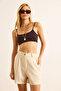 Women's Beige Pocket Textured Shorts Shrt-19000079 - 2