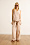 Women's Beige Wrap Blouse Pleated Trousers Suit Tkm-19000423 - 5