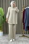 Seçi̇l Takim Beige Button Detailed Hijab Tunic Trousers Sports Casual Suit Crystal Fabric