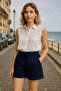 Comfortable Cut Women's Linen Shorts with Elastic Waist and Button Detail