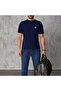 Men's Navy Blue Crew Neck Chest Palm Printed T-Shirt - 3