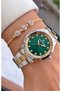 Brand Yellow Silver Color Green Dial Women's Wrist Watch with 2 Years Warranty - Bracelet Gift - 3