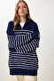 Women's Navy Blue White Zippered Stand Collar Striped Oversize Sweater YY00077 - 3