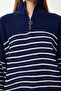 Women's Navy Blue White Zippered Stand Collar Striped Oversize Sweater YY00077 - 5