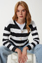 Women's Black White Stylish Buttoned Striped Knitwear Cardigan Ub00476