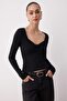 Black Plain Heart Neckline Bodycone/Fitted Crop Ribbed Stretchy Knitted Blouse Twoaw26Bz00069