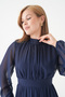 Lined Chiffon Fabric Stand Collar Flared Cut Long Sleeve Midi Length Navy Blue Evening Dress 094 - 5
