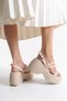 Cream High Sole Side Buckle Cross Four Thin Strips Open Front Summer Women's Sandals Shoes - 4