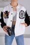 Black and White Bomber Collar Oversized Snap Fastener Fleece College Bomber Jacket (Three Thread Raised) - 2