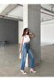 Women's Dark Blue Color Shiny Stone Wide Leg Special Design Denim Palazzo Pants - 5