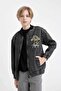 Boy's College Collar Zippered Pocket Seasonal Printed Jean Bomber Jacket C3685A824Au