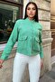 Green Stand Collar, Double Flap Pocket, Short Cut, Diagonal Stamp Jacket - 3