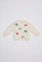 Baby Girl Ecru Crew Neck Heart Patterned Knitwear Sweater (24 Wn)