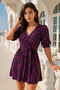 V-Neck Double-Breasted Patterned Women's Dress – Stylish Model with Belt Detail - 3