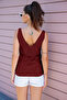 Women's Front Back V Neck Sleeveless Strap Glitter Detailed Burgundy Blouse - 2