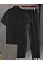 Men's Black Short Sleeve Shirt and Pants Wrinkle Crinkle Suit - 3